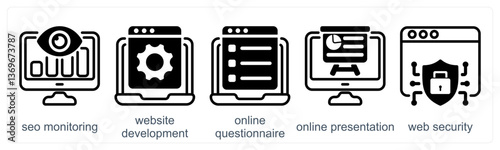 A set of 5 business icons as seo monitoring, web site development, online questionnaire