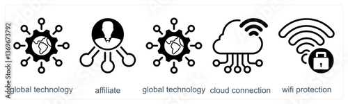 A set of 5 business icons as global technology, affiliate, cloud connection