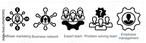 A set of 5 business icons as affiliate marketing, business network, expert team 