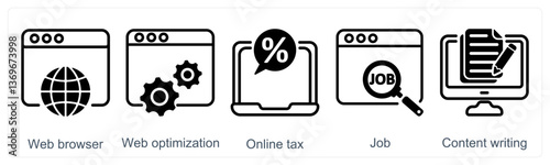 A set of 5 business icons as web browser, web optimization, online tax