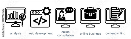 A set of 5 business icons as analysis, web development, online consultation