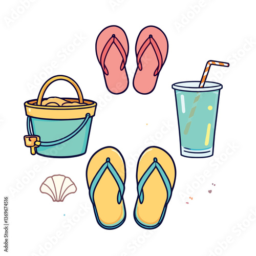Beach essentials for summer fun, flip flops, sand pail, seashell, and refreshing drink