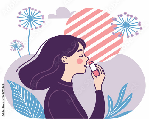 Woman Using Inhaler for Asthma Relief with Floral and Cloud Design