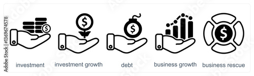 A set of 5 business icons as investment, investment growth, debt