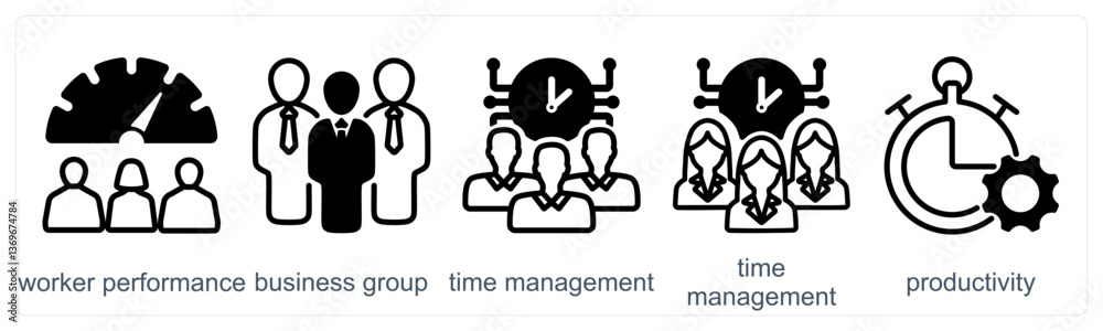 A set of 5 business icons as worker performance, business group, time management A set of 5 business icons as worker performance, business group, time management