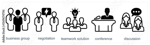 A set of 5 business icons as business group, negotiation, teamwork solution