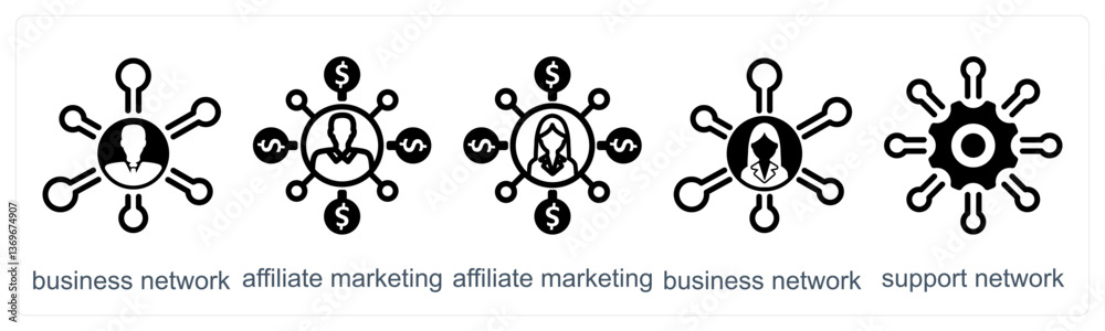 Obraz premium A set of 5 business icons as business network, affiliate marketing, support network