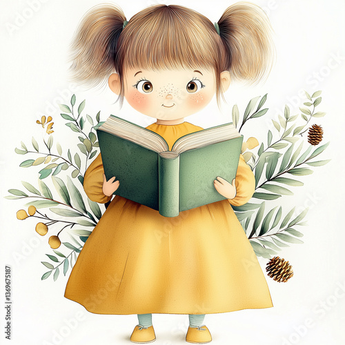 A charming illustration of a young girl reading a book, surrounded by foliage, evoking a sense of curiosity and imagination