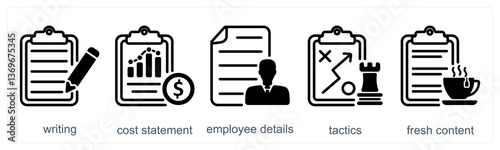 A set of 5 business icons as writing, cost statement, employee details