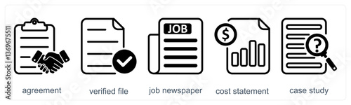 A set of 5 business icons as agreement, verified file, job newspaper