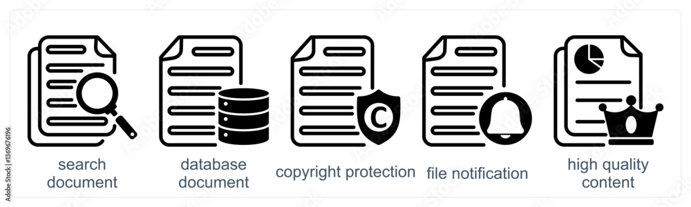 A set of 5 business icons as search document, database document, copyright protection A set of 5 business icons as search document, database document, copyright protection