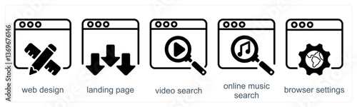 A set of 5 business icons as web design, landing page, video search