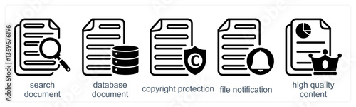 A set of 5 business icons as search document, database document, copyright protection