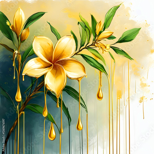 Golden Plumeria in Splendor: A radiant, artistic interpretation of golden plumeria flowers, with flowing golden accents and a touch of vibrant green foliage.