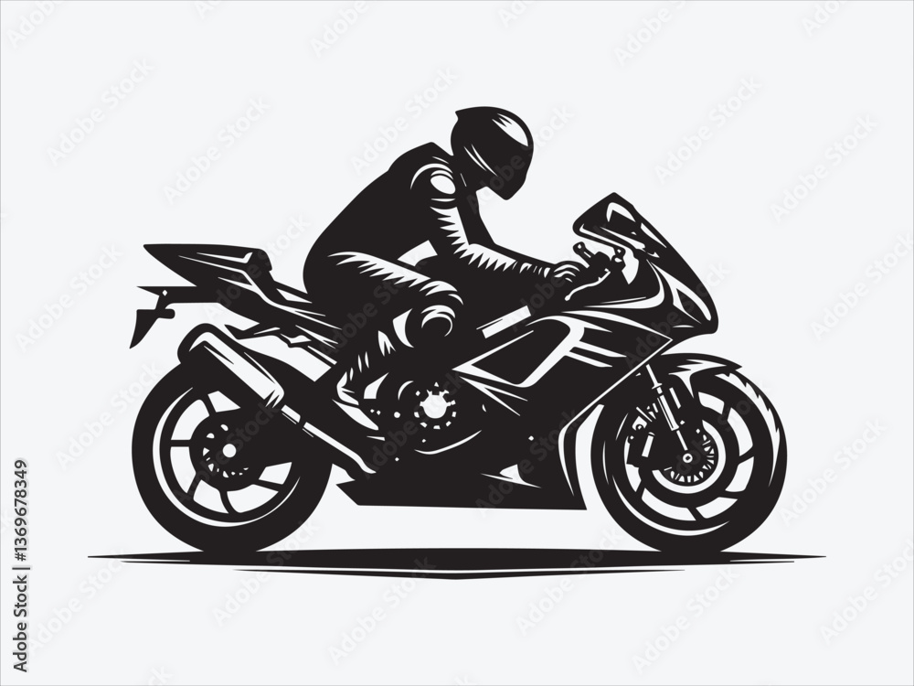 Motorcycle Rider Silhouette in Dynamic Pose with Bold Lines and Dramatic Contrast Motorcycle Rider Silhouette in Dynamic Pose with Bold Lines and Dramatic Contrast