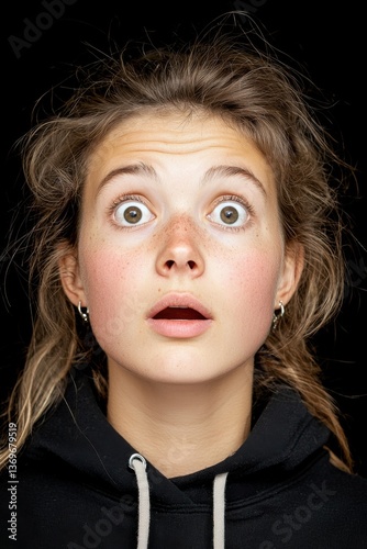 Surprised young woman with wide eyes and an open mouth expression photo