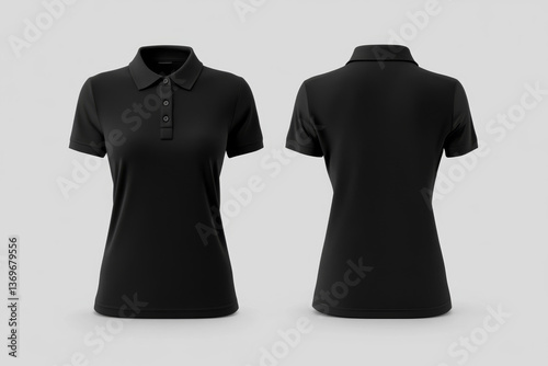Women black polo shirt front and back view, Isolated blank front and back polo t-shirt for graphic design mock up