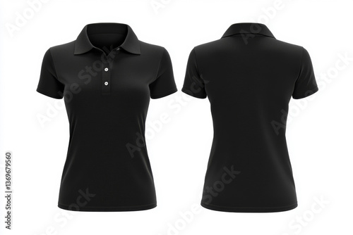 Women black polo shirt front and back view, Isolated blank front and back polo t-shirt for graphic design mock up