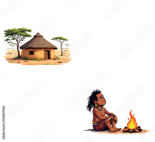 Young african tribesman sitting by the fire near a hut in the savannah
