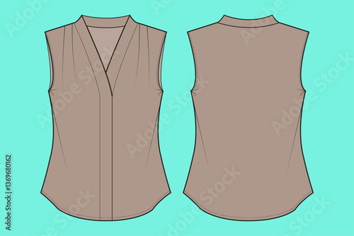 Ladies fashion vest flat sketch outline CAD mockup template.