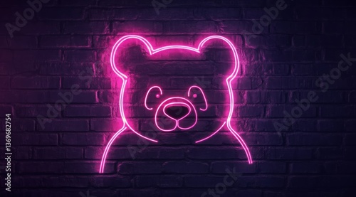 A panda is drawn with a glowing neon line against a brick wall background. A glowing neon sign forms a contour drawing of a panda against a dark grunge-style brick wall.	