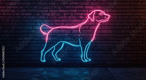 A dog is drawn with a glowing neon line against a brick wall background. A glowing neon sign forms a contour drawing of a dog against a dark grunge style brick wall.	