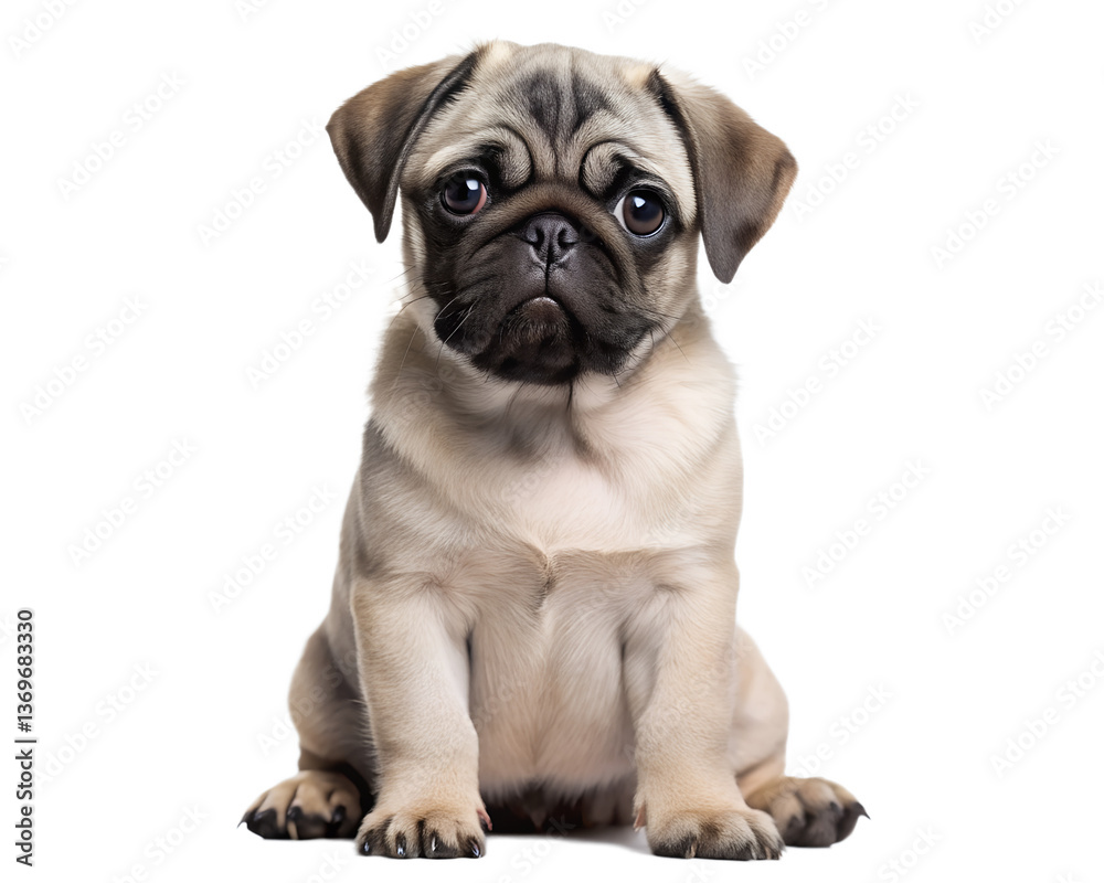 A sweet pug puppy sits patiently, gazing intently with big, expressive eyes against a clean white background. A sweet pug puppy sits patiently, gazing intently with big, expressive eyes against a clean white background.