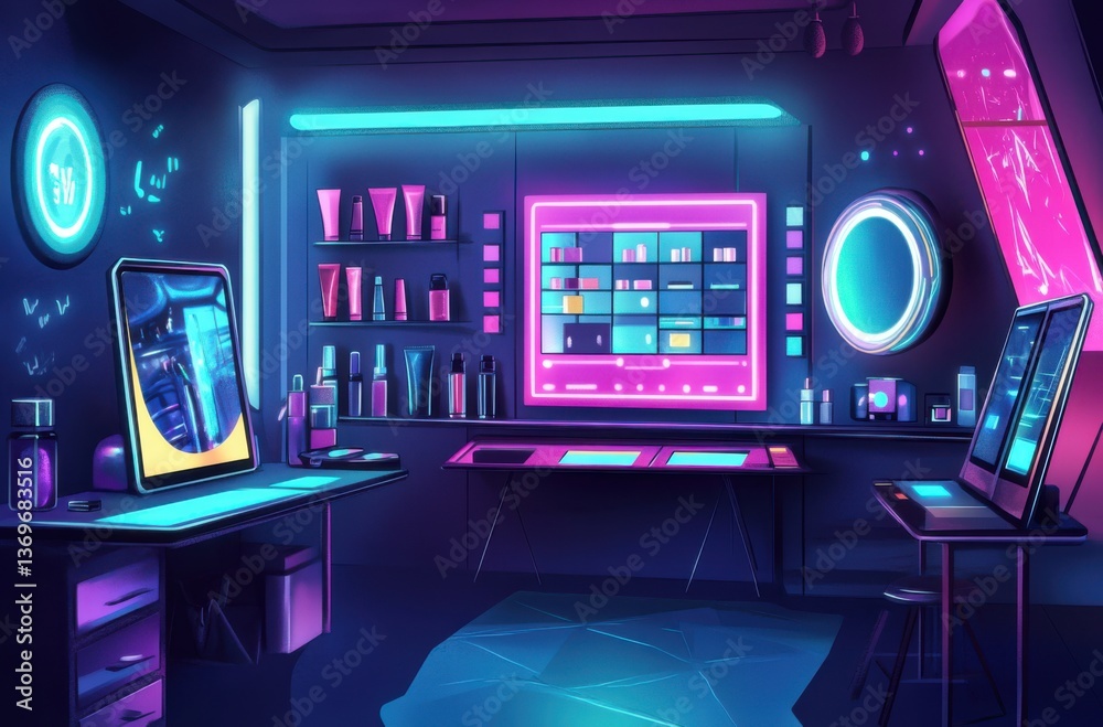Fototapeta premium Vector illustration of a futuristic makeup studio,