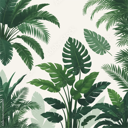  leaves Tropical Greenery Botanical Background with Palm and Monstera  with Leaves seamless pattern
