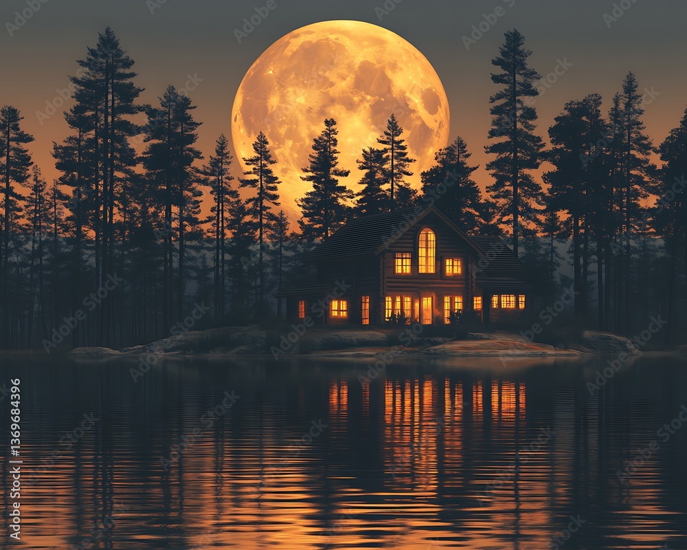 Cozy Cabin Moonlit Lake