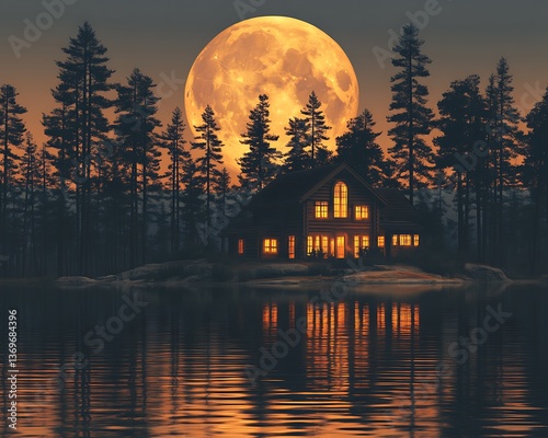 Obraz na płótnie Cozy Cabin Moonlit Lake w salonie