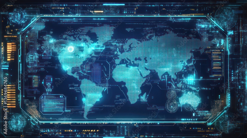 Obraz premium Global Network Visualization: Futuristic Digital World Map Interface