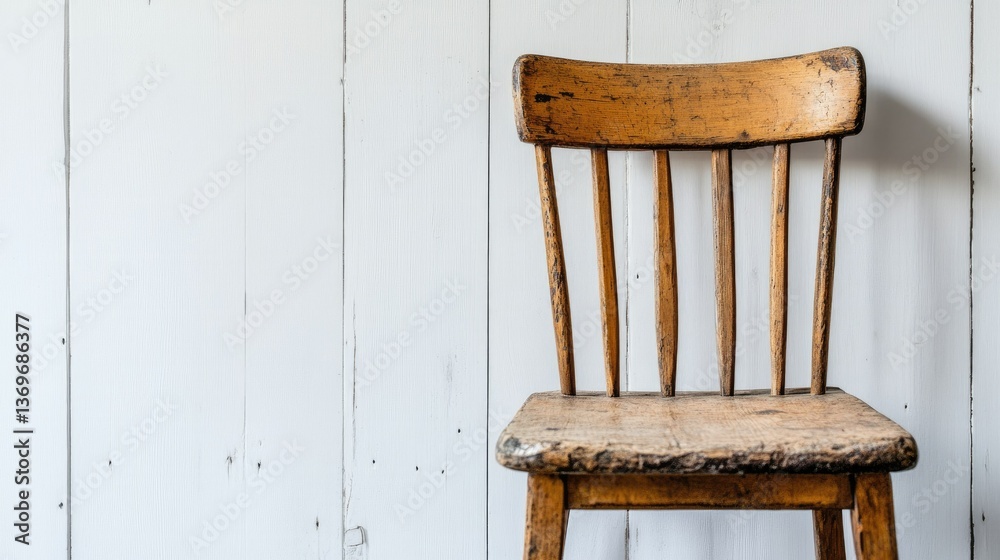 Fototapeta premium Rustic wooden chair with visible grain patterns and a vintage charm, contrasting softly against the white background