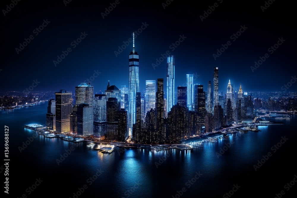 Fototapeta premium A stunning aerial shot of Manhattan at night, with skyscrapers glowing under thousands of lights