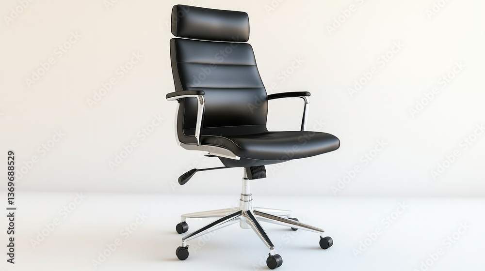 Fototapeta premium Stylish office chair with adjustable height and a sleek black leather finish, centered against a bright white background