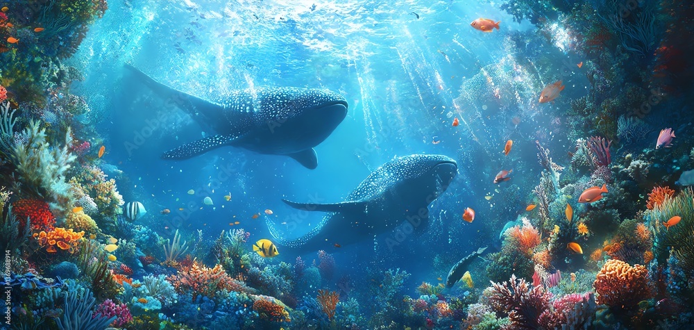 Fototapeta premium Two majestic whale sharks gracefully swim above a vibrant coral reef teeming with colorful fish