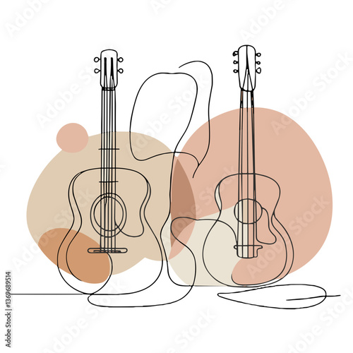 Abstract line art of guitars and a figure with warm colors  