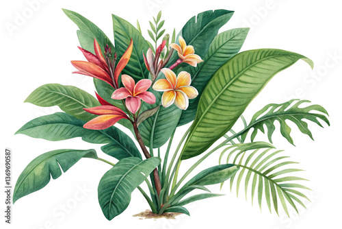 Vibrant Watercolor Painting of Tropical Flowers and Lush Greenery