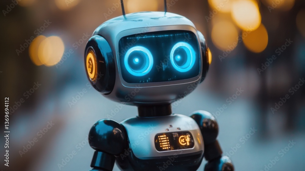 Robot with glowing blue eyes standing on a street during twilight, showcasing advanced technology and design Robot with glowing blue eyes standing on a street during twilight, showcasing advanced technology and design