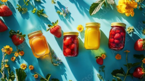 Assortment of Fruit Preserves in Glass Jars on Blue Background
