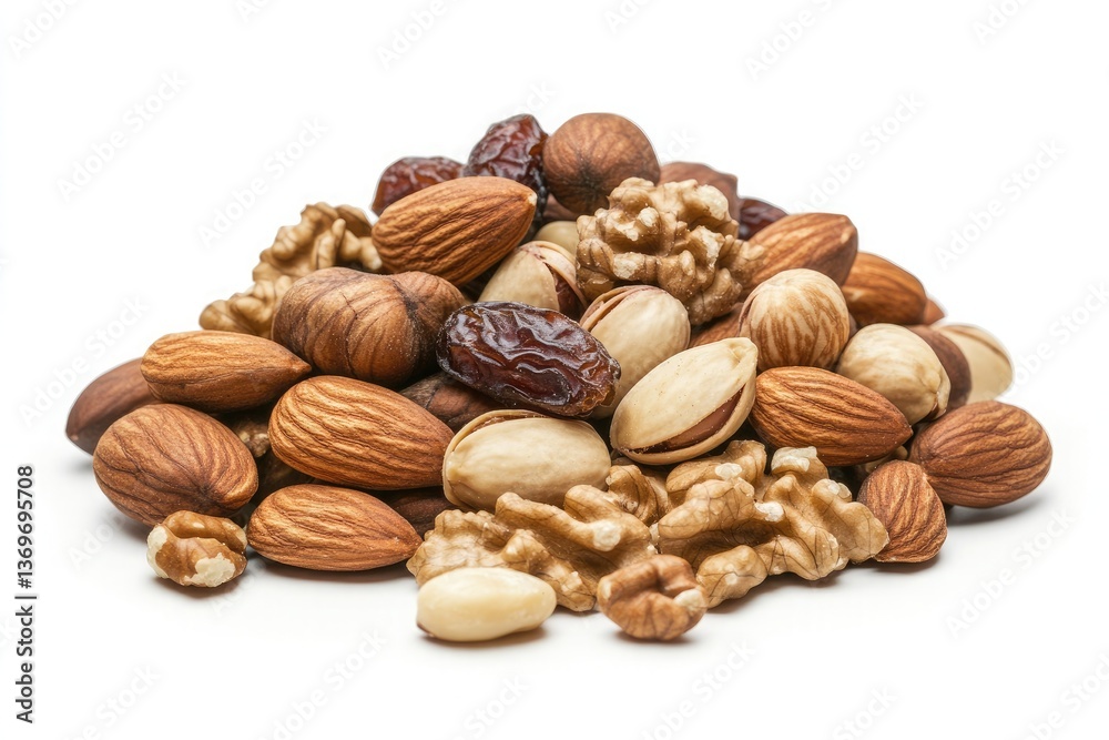 A cluster of various nuts and dried fruits is piled against a clean white background. A cluster of various nuts and dried fruits is piled against a clean white background.