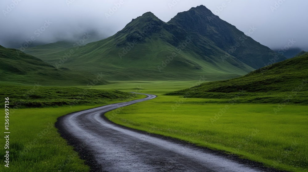 Winding road through lush green valley, leading to misty mountains Winding road through lush green valley, leading to misty mountains