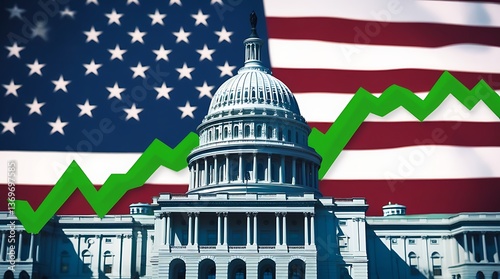 United States Capitol with an upward stock market graph and American flag, symbolizing economic growth, politics, government finance, investment, and national economy trends

