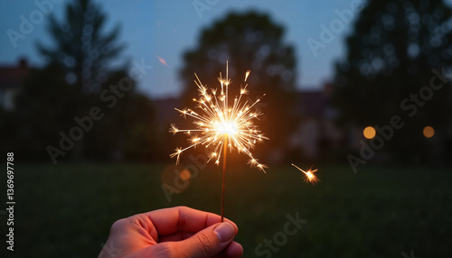Hand holding sparkling sparkler in evening backyard, celebration magic