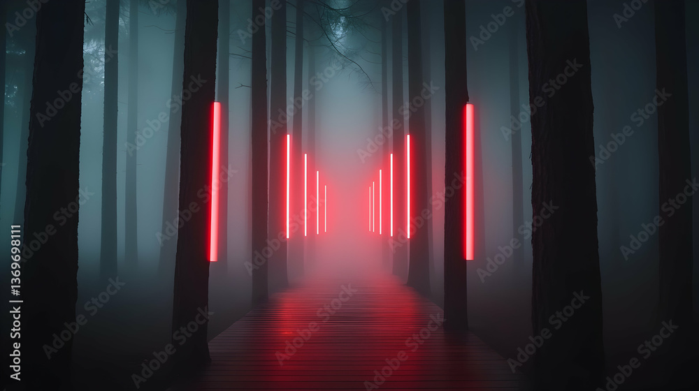 Dark Forest Path with Glowing Red Neon Lights Dark Forest Path with Glowing Red Neon Lights