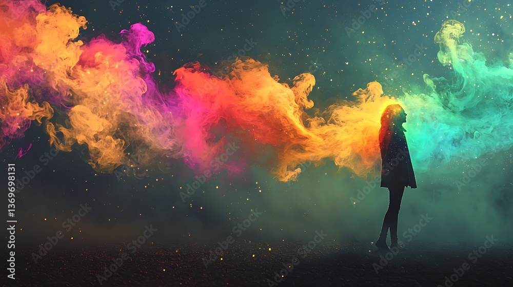 Obraz premium A woman stands in front of a colorful smoke trail