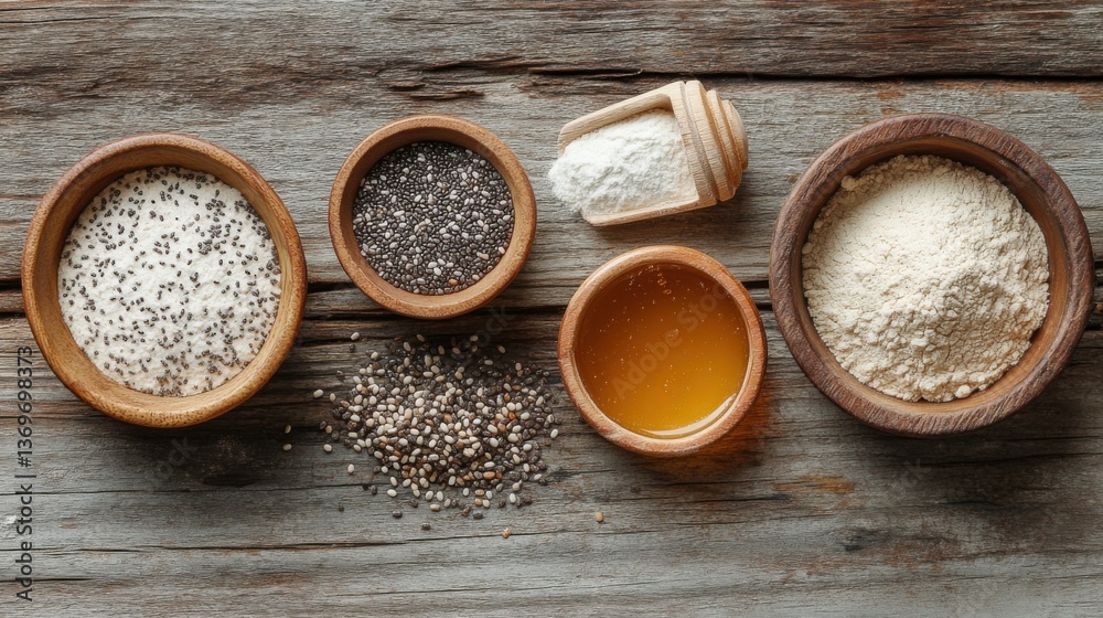 Various Grains and Honey on Rustic Wooden Table Various Grains and Honey on Rustic Wooden Table