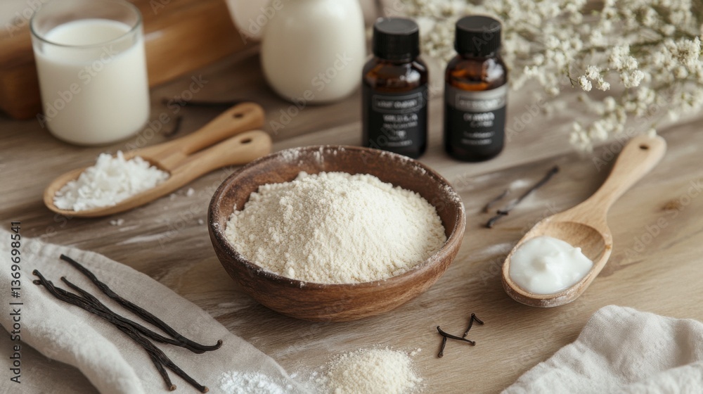Wooden Bowl of Flour with Baking Ingredients on Rustic Wooden Table Wooden Bowl of Flour with Baking Ingredients on Rustic Wooden Table