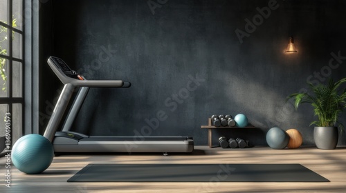 Modern home gym with treadmill, weights, and yoga mat in a stylish and serene environment