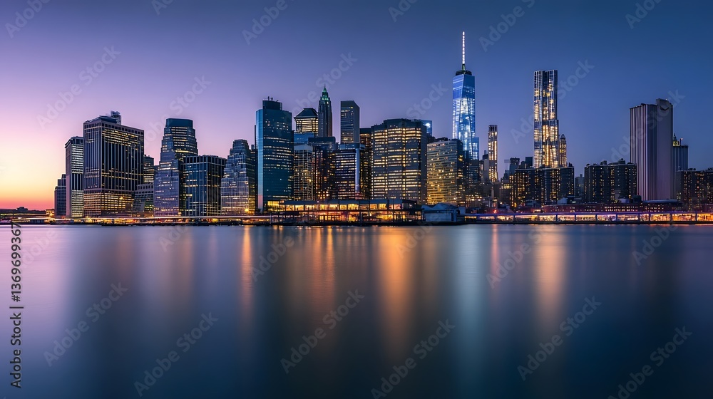 Obraz premium 35. A sweeping twilight shot of Manhattan, showcasing the glowing city lights of the skyline with calm waters below